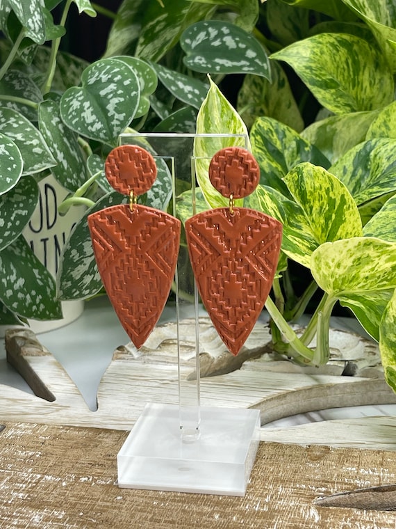 Indian Summer Collection Faux Stone BoHo Statement Earrings Clay Original Dangles Arrowhead Leaf Orange Rust Teal Yellow