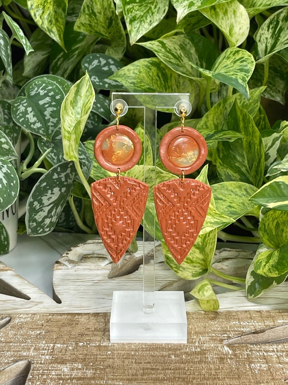 Indian Summer Collection BoHo Statement Earrings Clay Original unique Dangles Arrowhead Leaf Orange Rust Teal Yellow