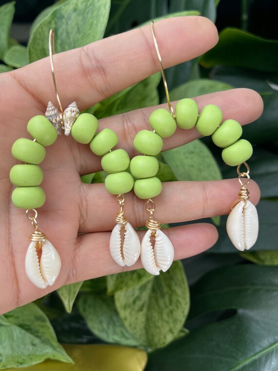 Cowrie Shell Gold Blue White Beads Earrings Tropical Statement Dangles Fringe Handmade Bay scallop lime green