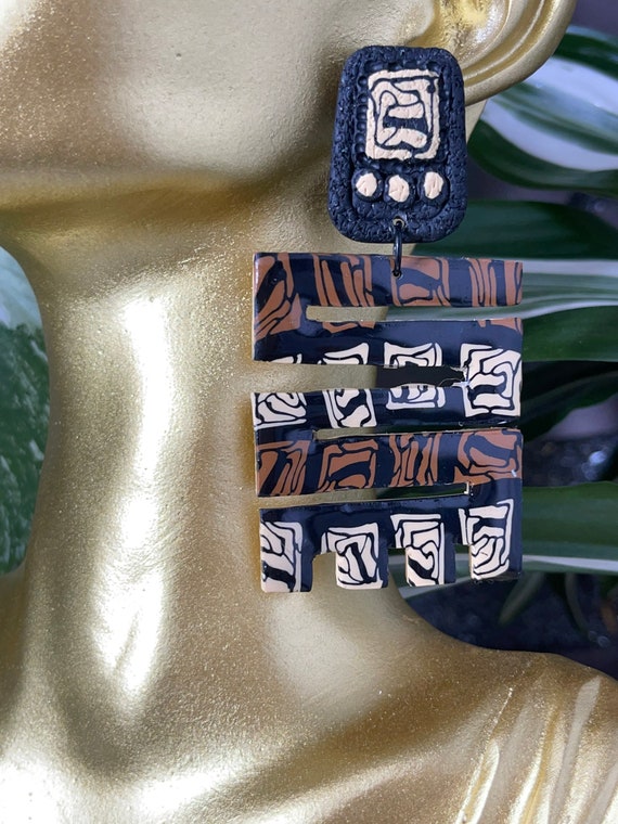Tribal Print Life’s Journey Collection Statement Earrings Clay Handcrafted Dangles Black Ecru Cinnamon