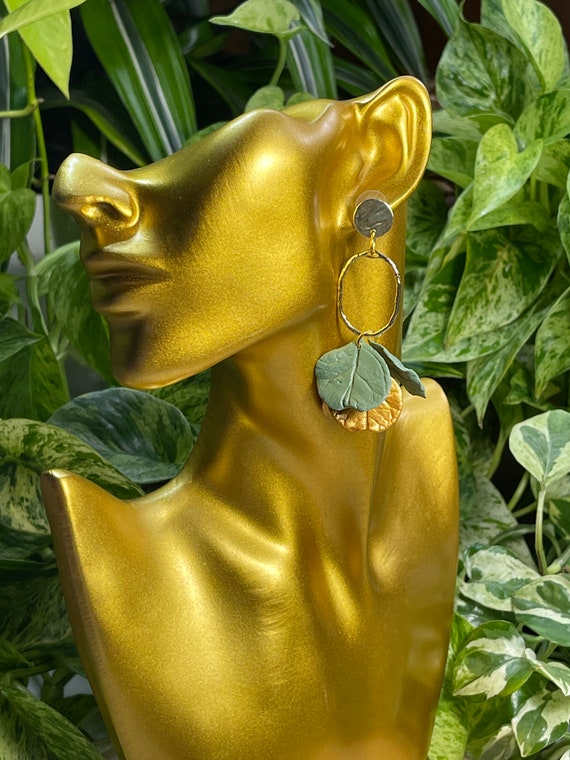 Fiddle leaf fig statement earrings Gold leaf dangle statement