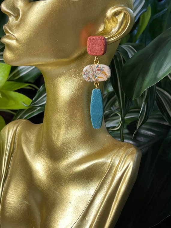 Complexed Simplicity Collection Statement textured Earrings Small rust teal mustard Clay Jewelry Gold Clay Beads checker board
