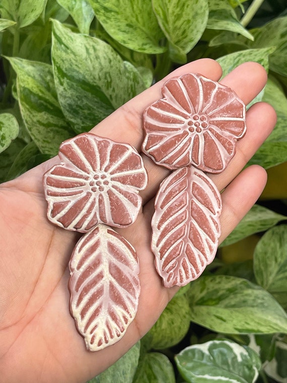 Hobo Fall Indie Floral Statement Earrings Clay Studs Dangles cream yellow teal burnt orange terra-cotta ceramic black