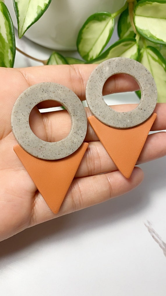 Nessa 90’s inspired Large Terra-Cotta Statement Earrings Fall polymer Clay clip ons dangle granite minimalist