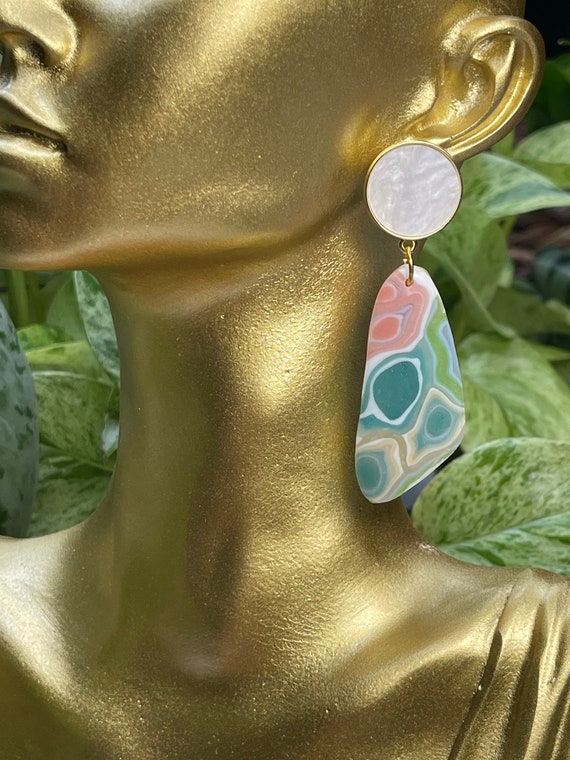Ocean Jasper Faux Stone Collection Statement Earrings Clay Jewelry Lightweight Gold pearl Translucent Geode Lace Agate silver