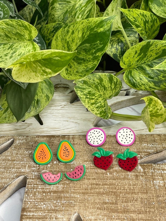 Fruit Salad Strawberry Watermelon Dragon Fruit Papaya Slice statement Earrings gold hoops silver pink yellow orange green red black