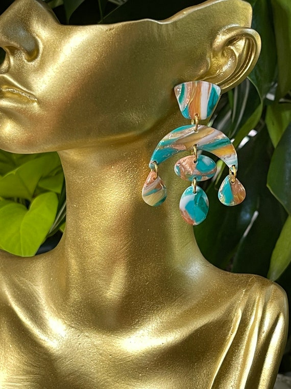 Fall Tropicals collection oyster turquoise Statement Earrings Clay Jewelry Organic Art Bobo chic concrete