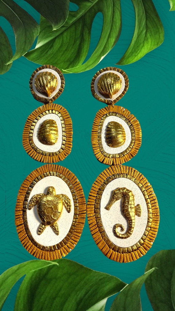 Mosaic Sea Turtle Sea Horse Gold Earrings Tropical Statement Dangles Fringe Hand Cut Custom Stud oversized