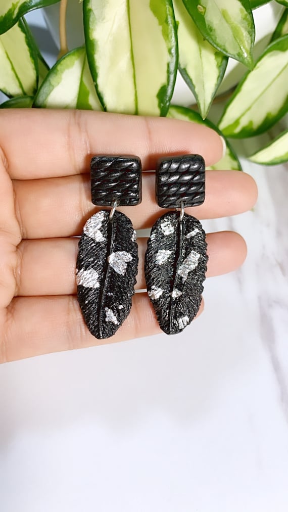 Knit Collection Statement Earrings Black feather silver foil stud dangle sweater made to order bold unique ooak