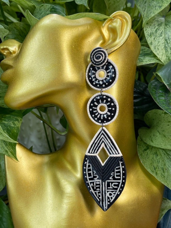 Tribal Life’s Journey Collection Hand Painted Statement Earrings Clay Handcrafted Dangles Black Bone