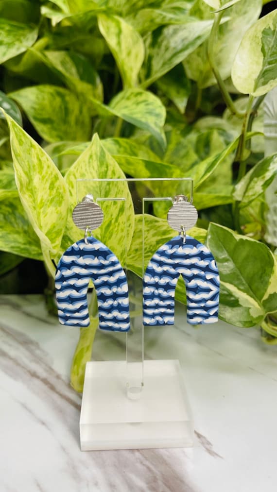 Classic Blue Summer Collection Limited Edition Shibori Statement Earrings Clay Jewelry Lightweight Unique Tie Dye BLUE and White