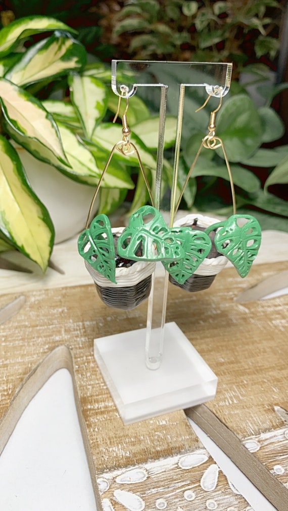 Monstera Adansonii 3D Basket Planter Leaf Statement Earrings Hand Cut plant lady Gold