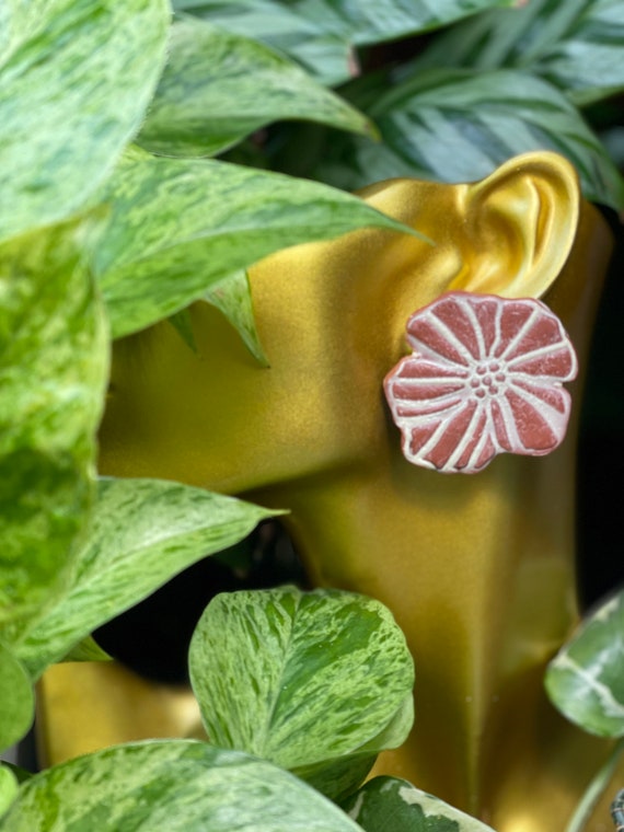 Hobo Fall Indie Floral Statement Earrings Clay Studs Dangles cream yellow teal burnt orange terra-cotta ceramic black