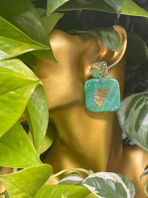 Sea Glass Square Dream Organic Collection gold Statement Earrings Clay Jewelry Lightweight Faux Gemstone