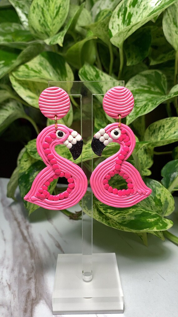 Fun Pop Flamingo Floaty Statement Earrings Pink Hot Pink White Glitter Black  Gold hoops  Made to order