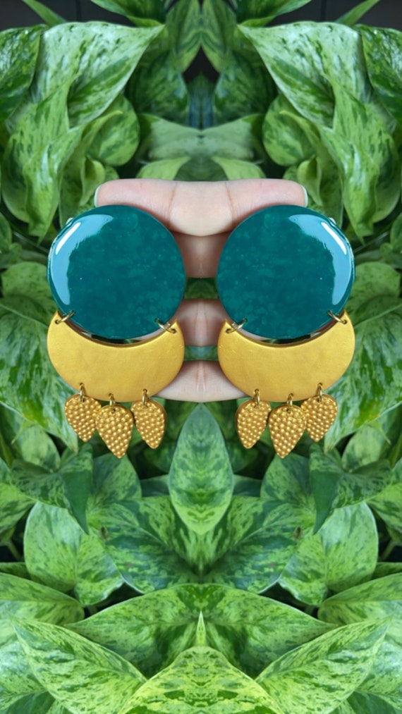 Queen Luna Emerald Moon Beam Large Silver translucent resin studs Collection Statement Earrings Clay Jewelry