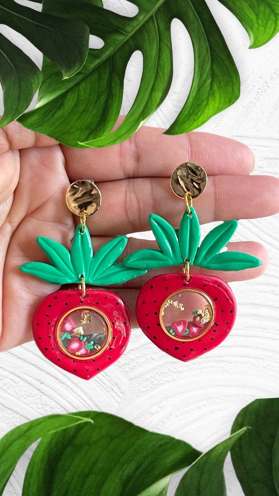 Slice Of Life Strawberry Shaker Statement Earrings Gold polymer clay resin lightweight
