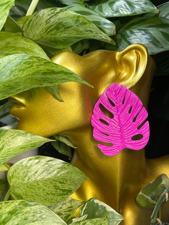 Palm Beach Monstera Big Statement Earrings Hot Pink studs Gold or silver Hooks Leaf Dangles