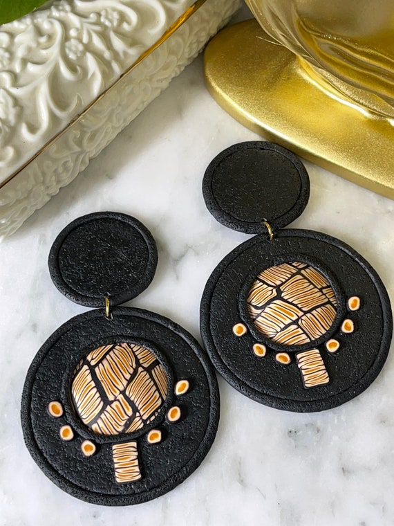 Tribal Print Life’s Journey Collection Statement Earrings Clay Handcrafted Dangles Black White Chartreuse Hoops small