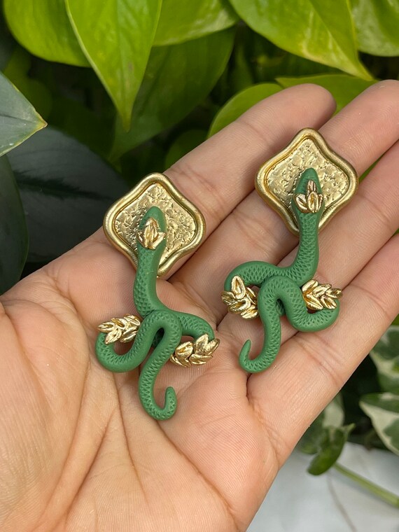 Jungle Slithereens Small Gold Post Statement Earrings Silver serpent snake Python Green Gold studs boho