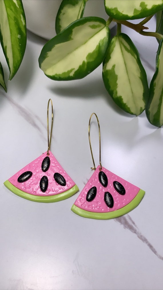 Made to order Small Fruity Watermelon slice statement Earrings gold hoops silver pink green black glitter