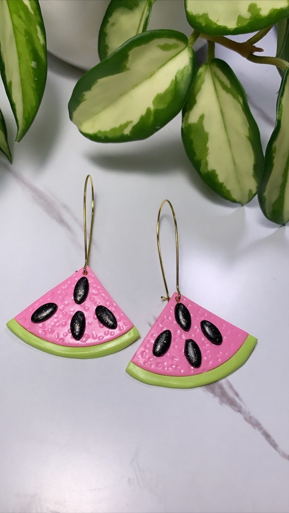 Made to order Small  Fruity Watermelon slice statement Earrings gold hoops silver  pink green black glitter