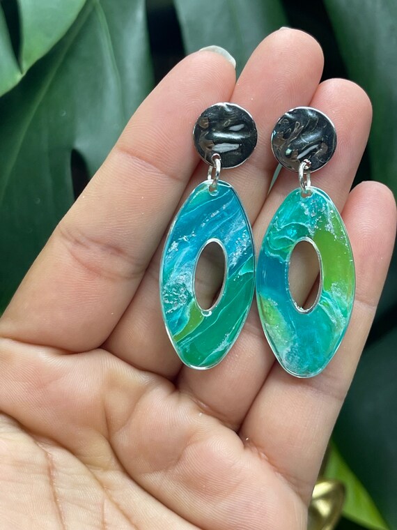 Framed Sea Drops silver Dainty Small Hooks Drop Collection Statement Blues Green Earrings Clay Jewelry
