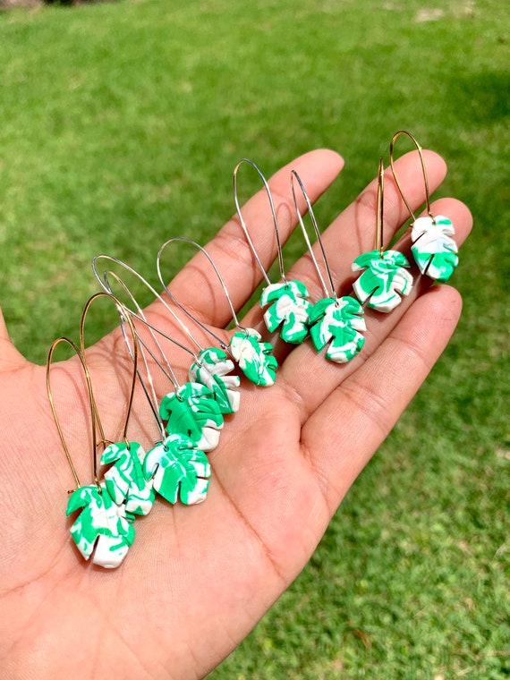 Mini Monstera Earrings  hooks gold silver gold Variegated green and white