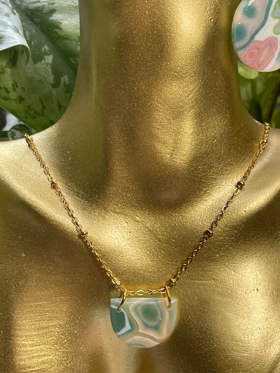 Ocean Jasper Faux Stone Ball chain Collection Statement Necklace Clay Jewelry Lightweight Gold pearl Translucent Geode Lace Agate silver