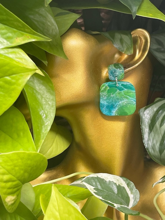 Sea Glass Square Dream Organic Collection gold Statement Earrings Clay Jewelry Lightweight Faux Gemstone