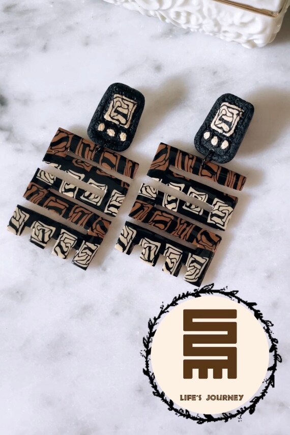Life’s Journey Tribal Black Cream Modern Earrings Statement Dangles organic wave Art for ears