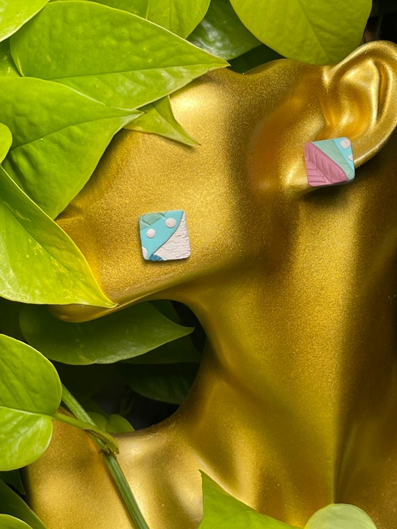 Tropical Abstract Stud Print Collection Statement Earrings Clay Jewelry cream ecru sage orange aqua pink teal stud mini Color blocked