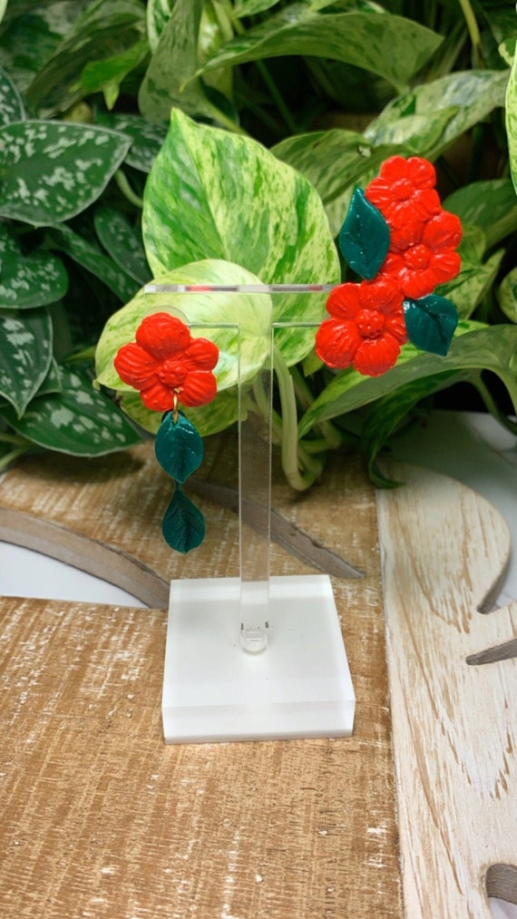 Floral asymmetrical Ear Climber Ear Cuff Flower leaf Statement Earrings Tropical stud post clip ons unique