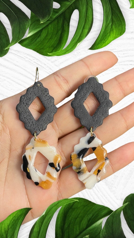 Modern Movement Dangles Rock Candy Collection Statement Earrings Clay Jewelry Black and gold translucent checkerboard