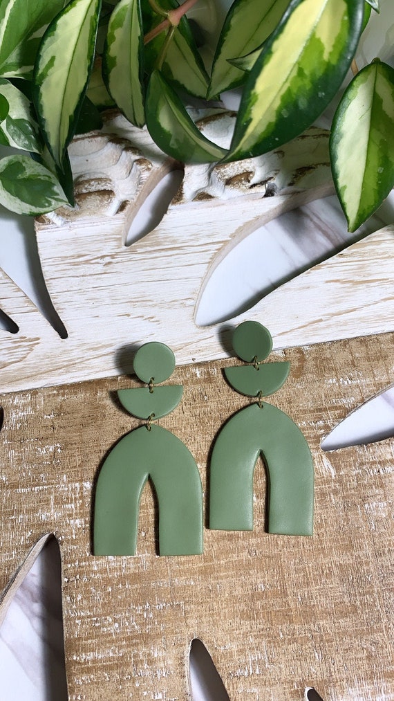 Shanelle Olive Green Arch Neutral Large Statement Earrings Clay Jewelry minimalist