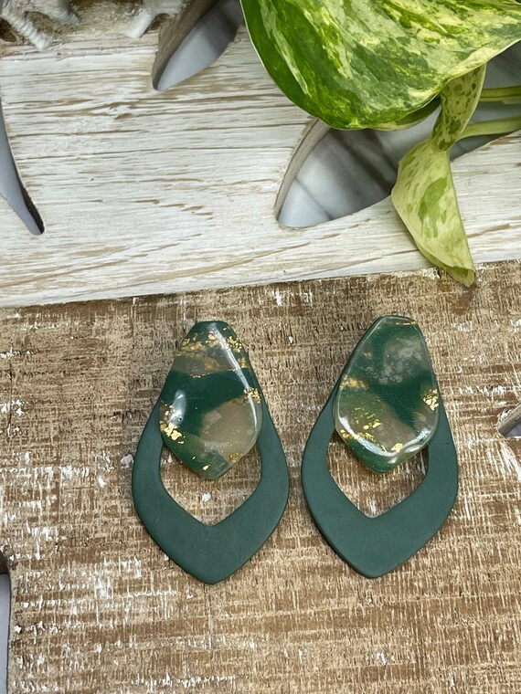 Young Hunter Green Gold Faux Stone minimalist modern large stud Statement Earrings Clay