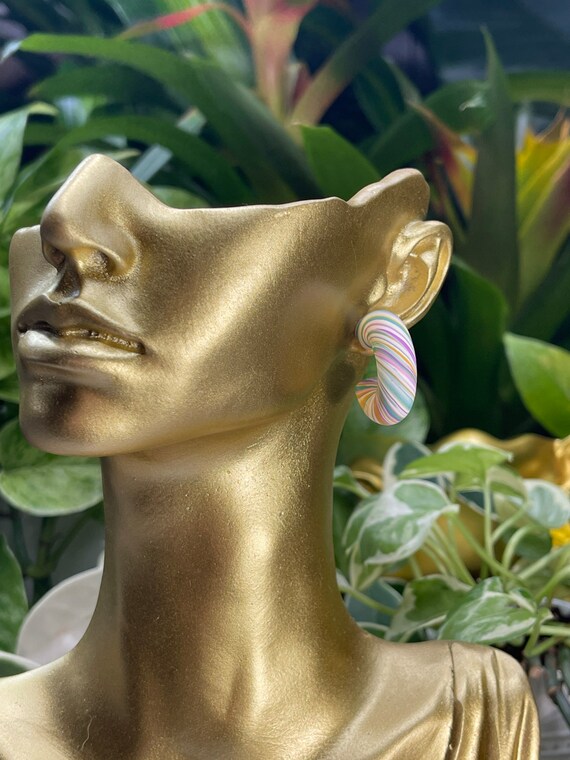 Spring Resort Dream Collection Huggie Hoops small Stripes Statement Earrings Clay Jewelry Lightweight Unique Vintage Look