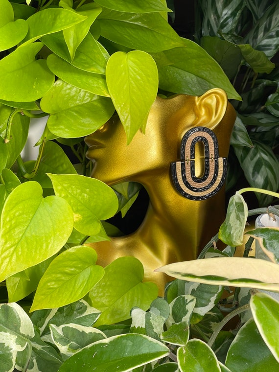 Modern textured Arches Bead Earrings Custom Statement beads Dangles Gold Boho Neutrals black Carmel