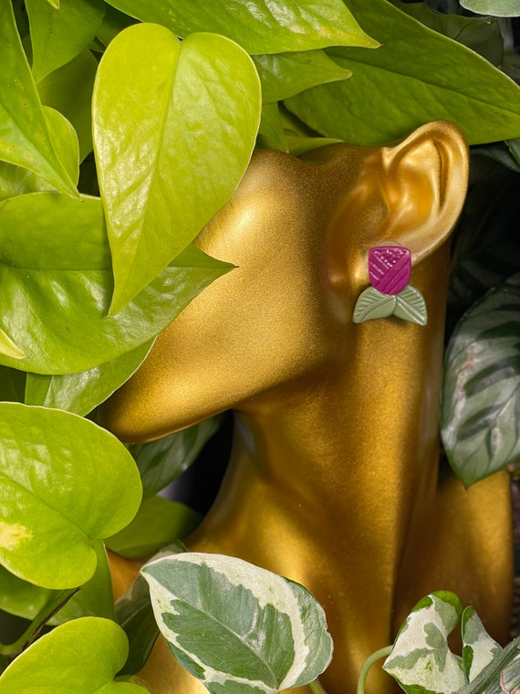 Spring Floral Art Tulips Medium Gold Hoop Stud Post Hand Cut Hypoallergenic Statement Earrings Clay Jewelry coral plum