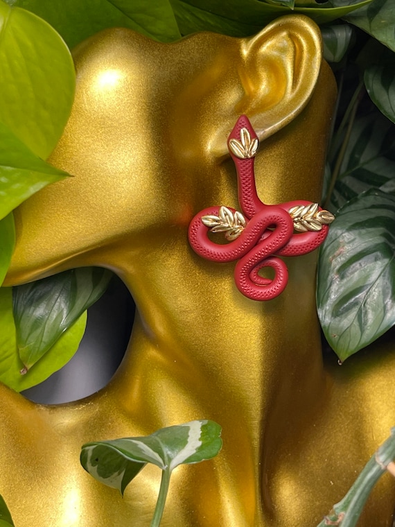 Jungle Slithereens Statement Earrings Large Silver Gold Post serpent snake Python Red  cherry Gold studs boho