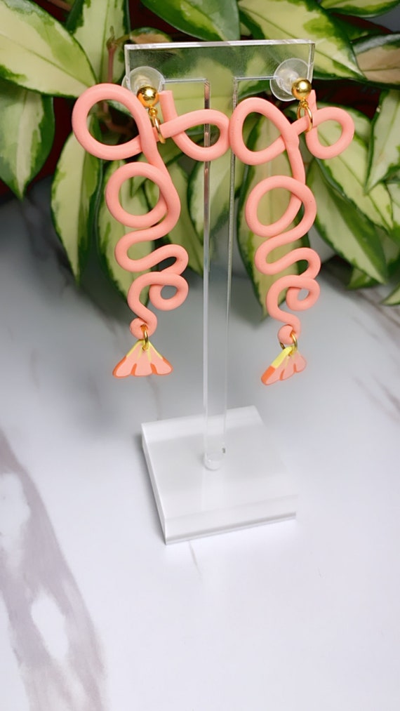 Spring Fling Love Coral Pink and gold Statement Earrings Large Dangles floral petal
