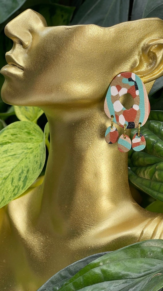 Indian Summer Collection BoHo Statement Earrings Clay Original unique Dangles Arrowhead Leaf Orange Rust Teal Yellow