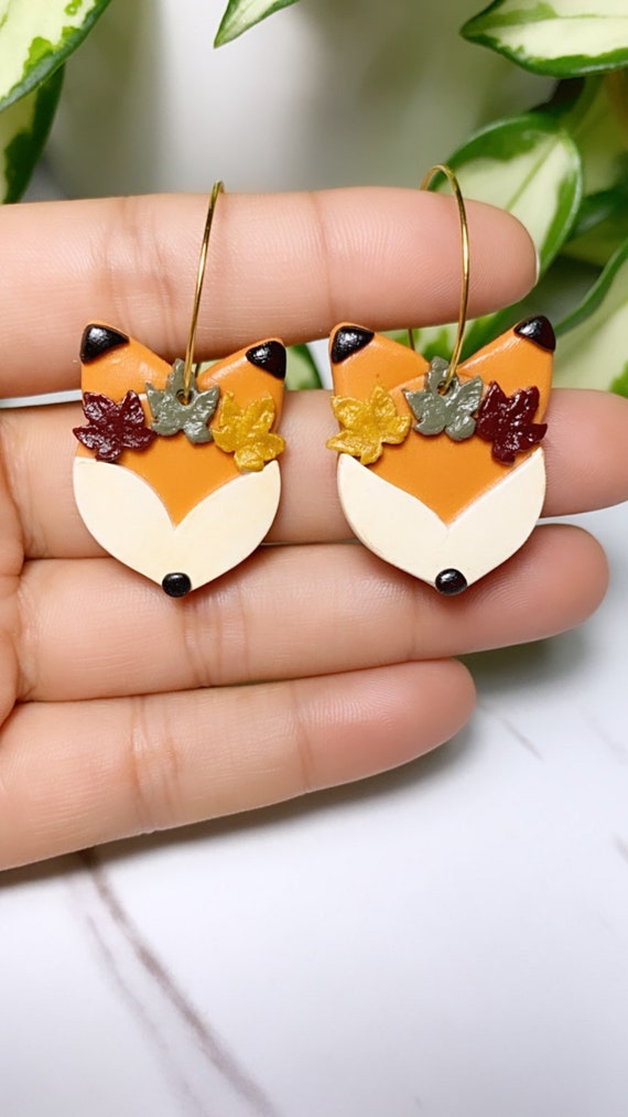 Maple Crown Fox Hoops Wild Fall Collection statement Earrings animal Burnt orange Olive green gold autumn