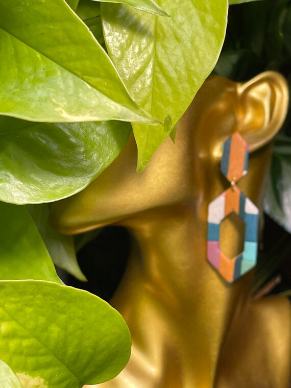 Patchwork color Block Pattern Collection Statement Earrings Clay Jewelry cream ecru olive pink teal stud mini Color blocked