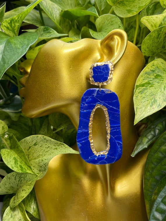 Lapis Dream Collection gilded edge Oversized Mega Statement Earrings Clay Jewelry Lightweight Unique Vintage Look