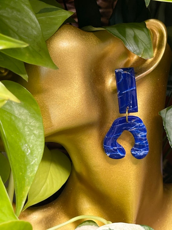 Lapis Lazuli Dream Organic Collection gold Statement Earrings Clay Jewelry Lightweight Faux Gemstone