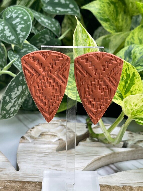 Indian Summer Collection Large Studs BoHo Statement Earrings Clay Original Dangles Arrowhead Leaf Orange Rust Teal Yellow