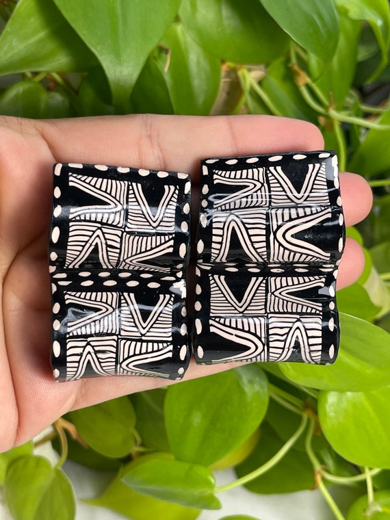 Tribal Black Cream Modern Earrings Statement Dangles organic wave Art for ears