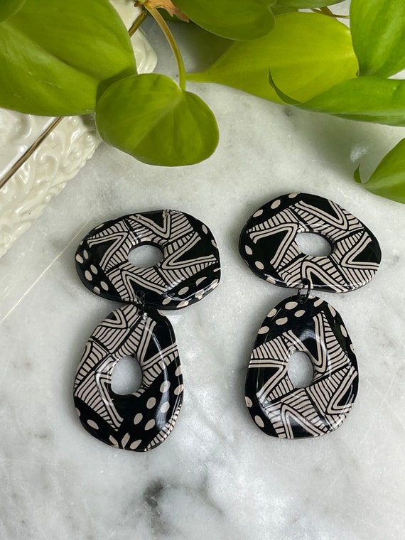Tribal Black Cream Modern Earrings Statement Dangles organic wave Art for ears