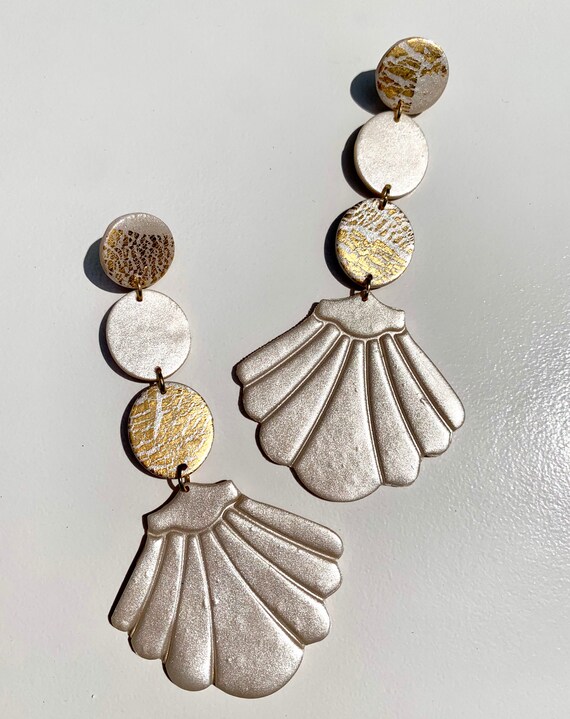 Pearlie Gold foil collection Statement Earrings Large Circles Dangles Big bold chic lightweight jewelry oversized elegant Pearl iridescent